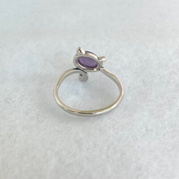 Sterling Silver 925 Oval Amethyst Cabochon Kitty Cat Band Ring Size 7 Cat Lover - Picture 7 of 16